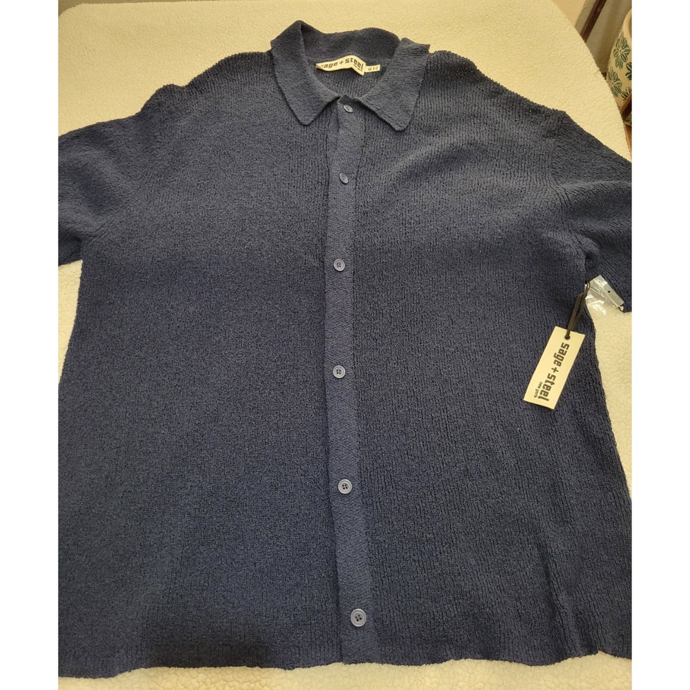 Men Naval Academy Blue Coastal Vacation Old Money Beachy Short Sleeve Sweater XL